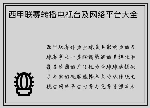 西甲联赛转播电视台及网络平台大全