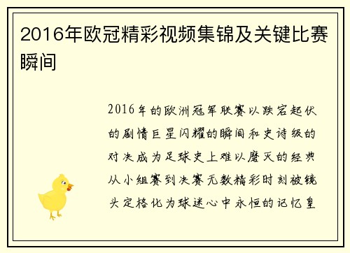 2016年欧冠精彩视频集锦及关键比赛瞬间